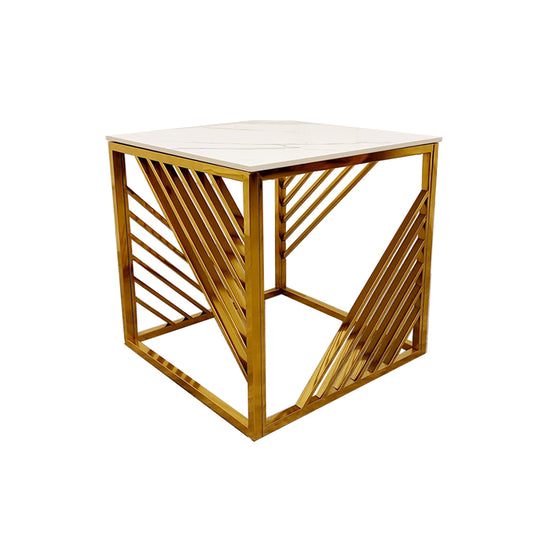 Square lamp table with white stone top and gold geometric metal frame