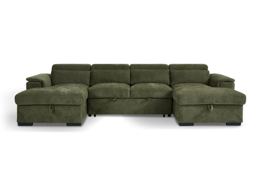 Green U-shaped sofa bed with cushioned backrests and chaise ends