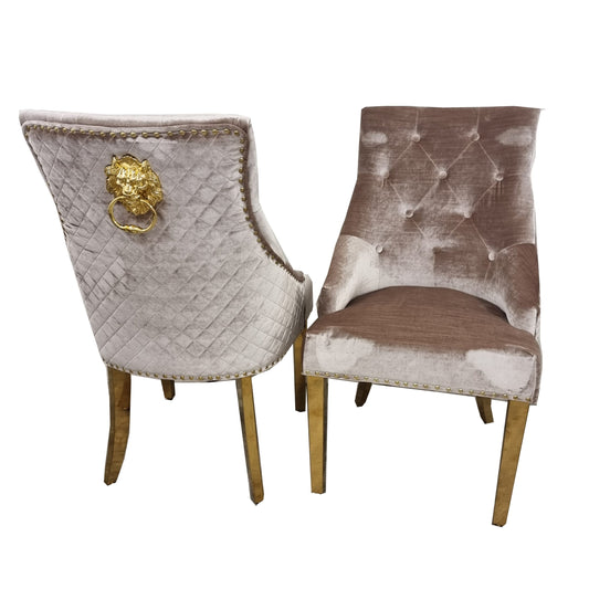 Pair of beige velvet dining chairs with gold legs, quilted backs, and tufted seats