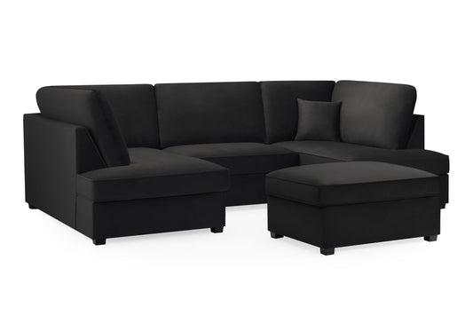 Black U-shaped sectional sofa with a matching ottoman in front