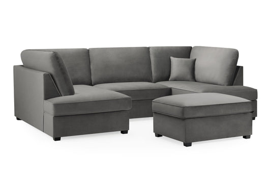Gray U-shaped fullback sofa with deep seats, corner cushions, and a matching footstool