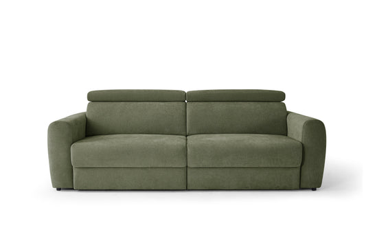 Front view of the olive green three-seat Dakota electric sofa bed