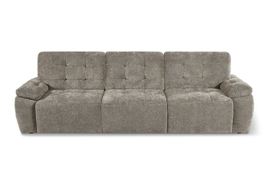 Three-seat electric sofa bed in gray fabric, front view with tufted back cushions