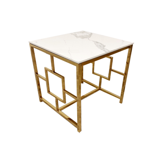 Square lamp table with a white veined top and geometric gold metal base