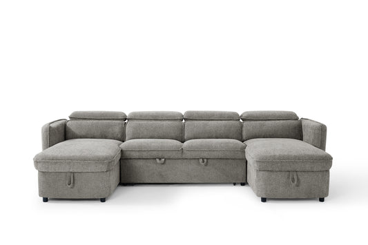 Front view of gray U-shaped sofa bed with extended chaise seats