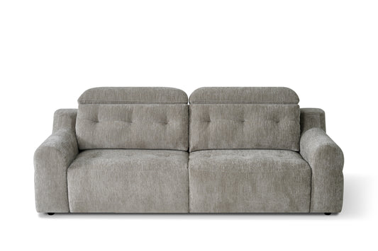 Three-seat electric sofa bed in gray fabric, shown front-on with tufted back cushions