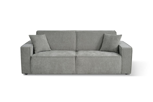 Front view of gray three-seat electric sofa bed with two loose cushions