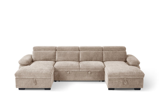 Beige U-shaped sofa bed with four back cushions and wide chaise ends