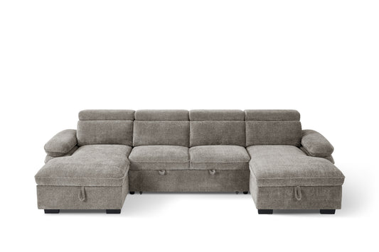 Gray U-shaped sofa bed with three seat cushions, padded backrests and chaise sections.