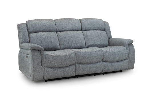 Three-seat power recliner sofa in gray woven upholstery, shown from the front and side