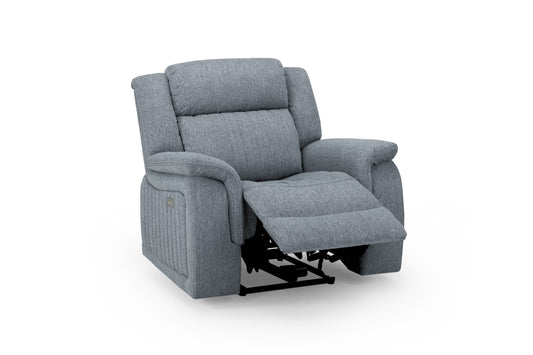 Linden power recliner armchair in gray upholstery, shown with footrest extended