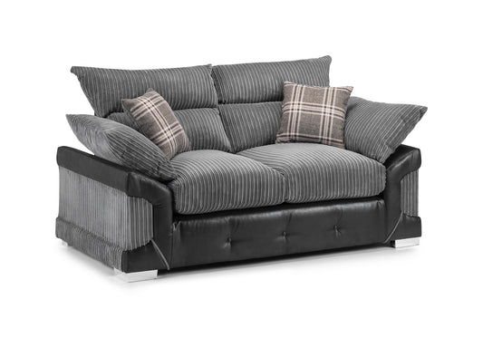 Logan two-seat sofa with gray ribbed upholstery, dark arms and base, and plaid cushions