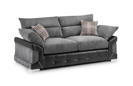 Logan three-seat sofa with gray ribbed cushions, black base, and plaid throw pillows
