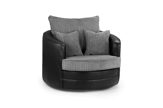 Logan Fullback swivel chair with black leather arms and gray ribbed cushions