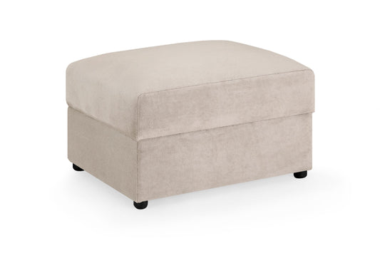 Upholstered footstool with a cushioned lid and short black feet