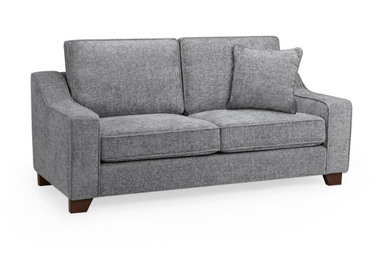 Nebraska three-seat sofa in gray woven upholstery with loose cushions and dark wood feet