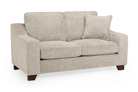 Nebraska two-seat sofa in textured beige upholstery with two cushions and dark wood feet