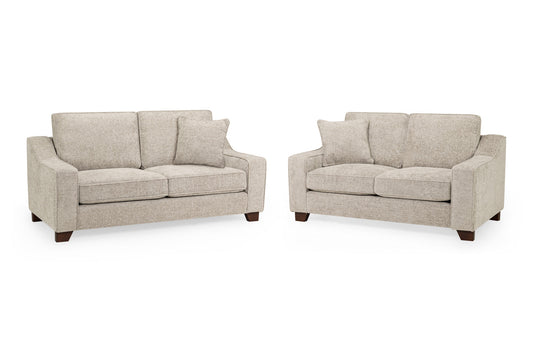 3+2 sofa set with beige woven upholstery, padded arms, back cushions and dark wood feet