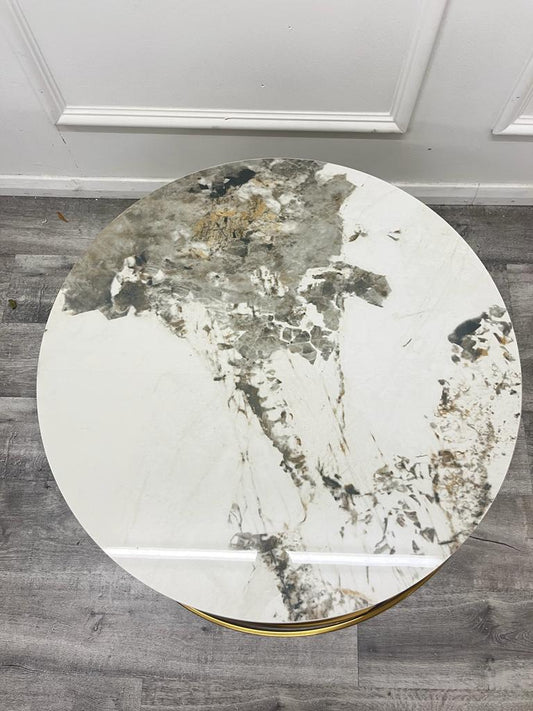 Spiro round coffee table with white and gray veined top and gold-tone rim