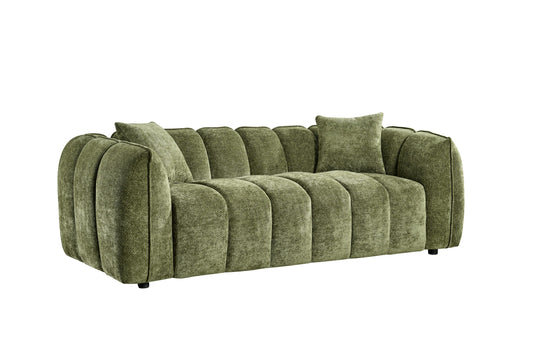 Venice three-seat sofa in olive green, with rounded arms, channel-tufted back and loose cushions