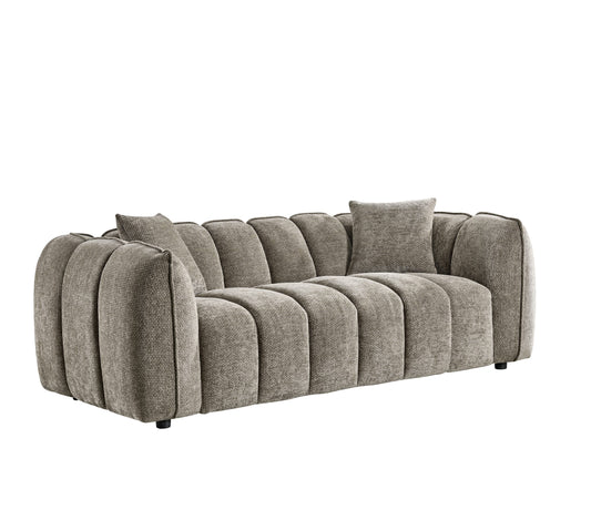 Venice three-seat sofa in textured gray fabric with channel tufting and loose cushions