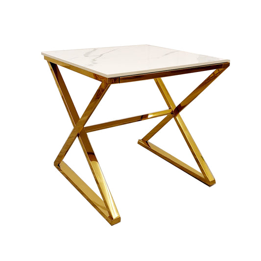 Lamp table with white veined top and sculptural gold metal legs