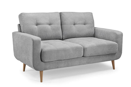 Aurora two-seat sofa in light gray fabric with tufted cushions and tapered wood legs