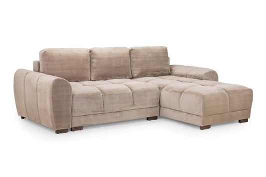 Azzuro Universal Sofa Bed in mocha with a chaise, padded seats and three back cushions