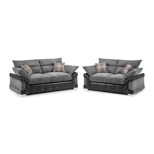 Logan Fullback sofa set with gray ribbed upholstery, dark arms, and plaid cushions