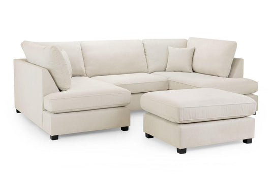 U-shaped fullback sofa with chaise and matching ottoman in light beige upholstery