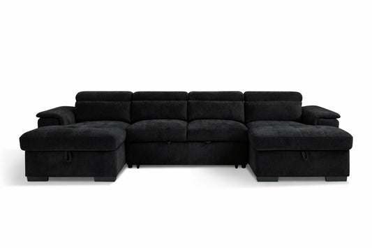 Luna U-shaped sofa bed in dark charcoal upholstery, shown front-facing with a chaise at each end.