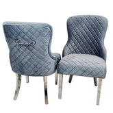 Set of 2 Kate Dining Chairs Grey Velvet with Chrome Clasp & Quilted Back