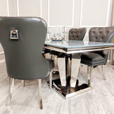 Athena Light Grey Marble 1.8m Dining Table With Set Of 4 Mayfair Dark Grey Leather Dining Chairs ALL With Plain Back/Square Knocker