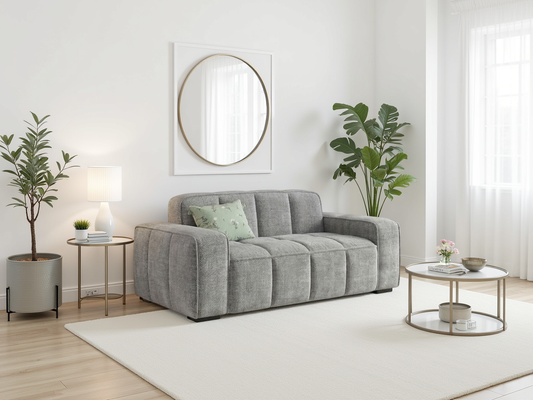 Gray two-seat sofa with broad arms and segmented cushions