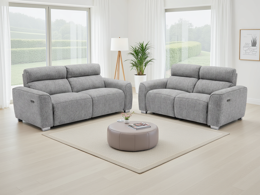 Gray power recliner sofa set with three-seat and two-seat sofas and side controls