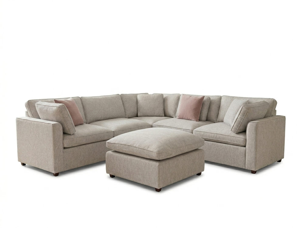 Santorina large corner sofa with full back, neutral upholstery, and matching footstool