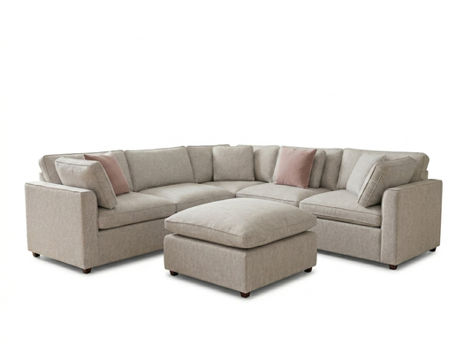Santorina large corner sofa with full back, neutral upholstery, and matching footstool