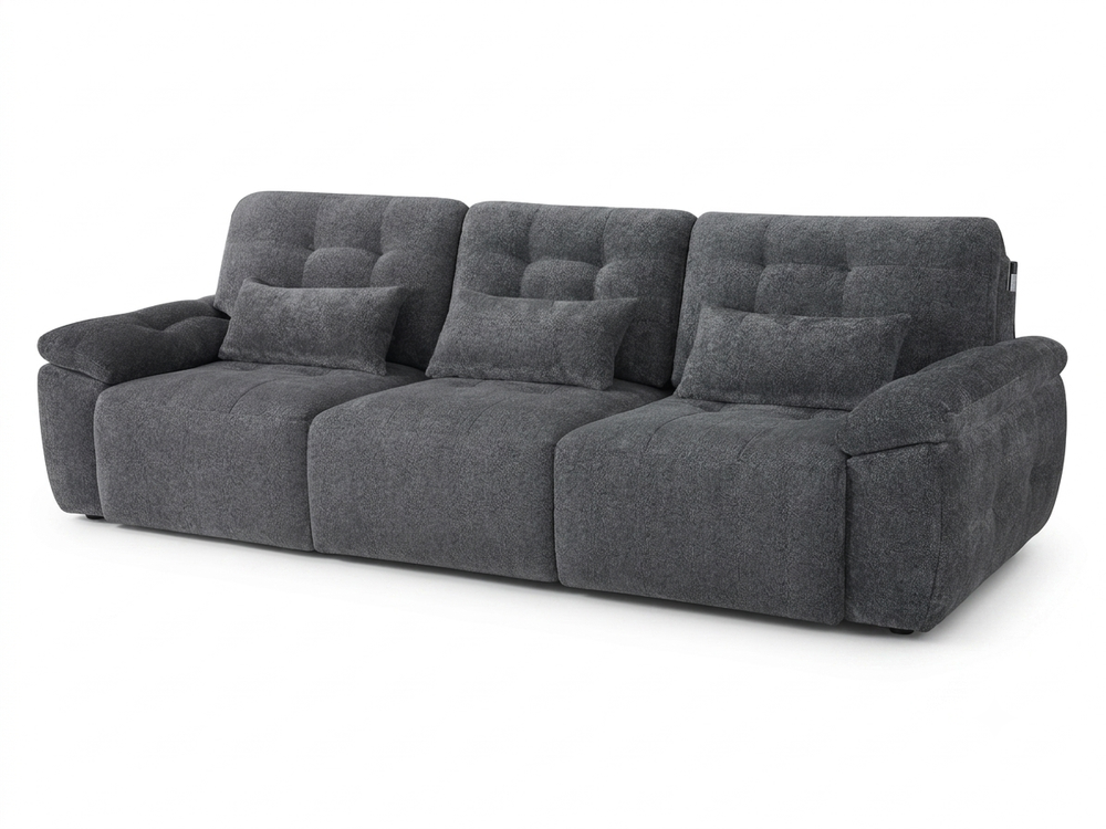 Large dark gray three-seat electric sofa bed with tufted back cushions and matching pillows