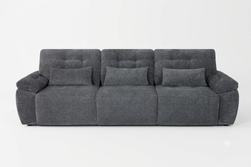 Front view of a dark gray three-seat sofa bed with padded arms and tufted cushions