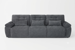 Front view of a dark gray three-seat sofa bed with padded arms and tufted cushions