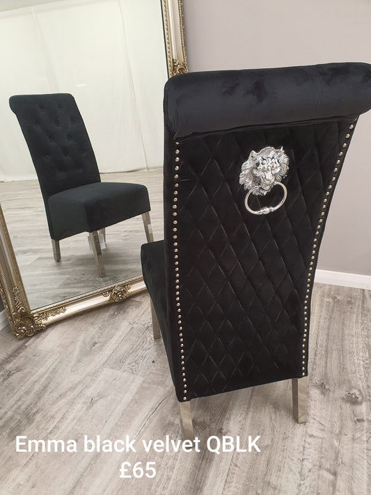 Black velvet dining chair with quilted back, silver ring pull and stud trim