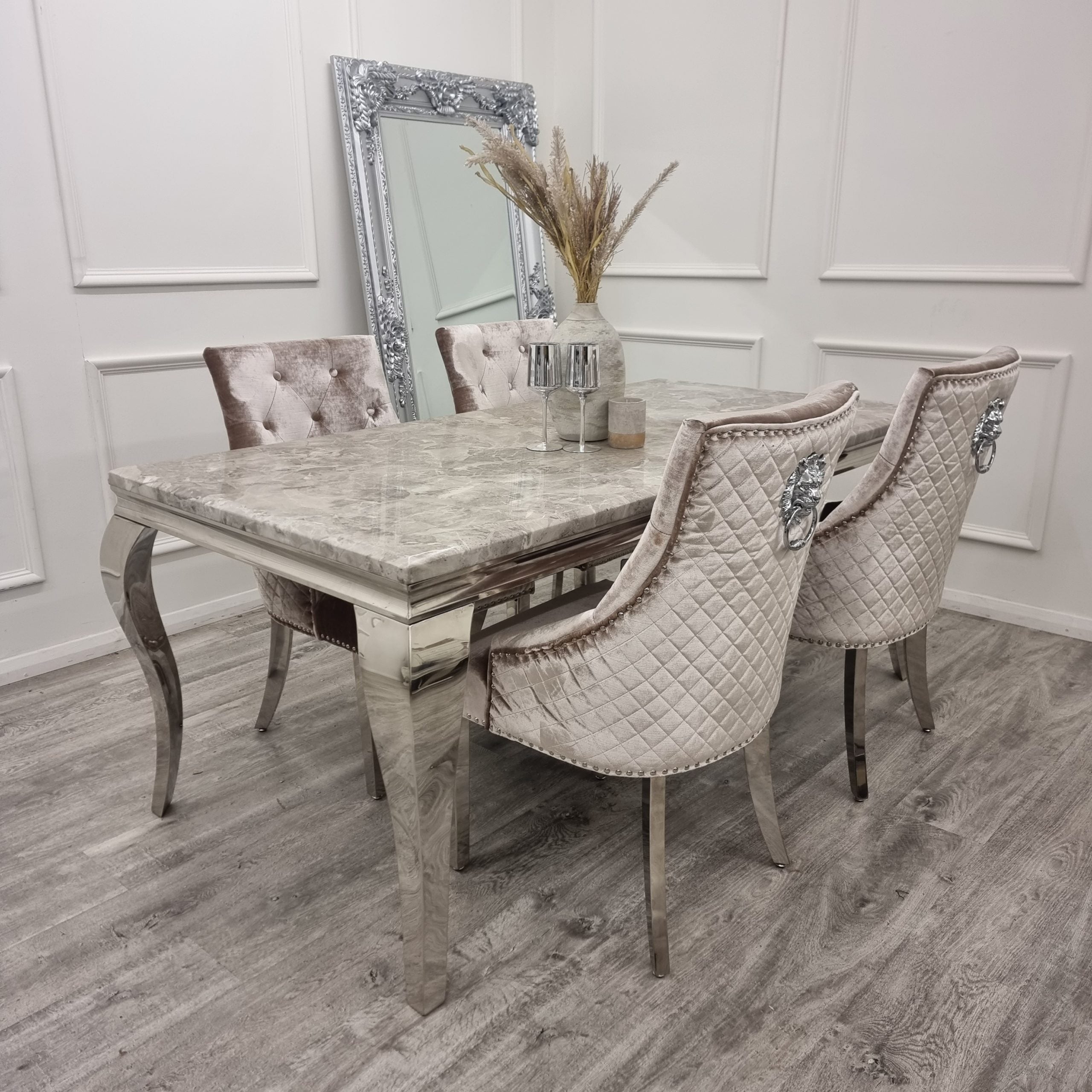 Set of 2 Beige Velvet Bentley Chrome Dining Chairs