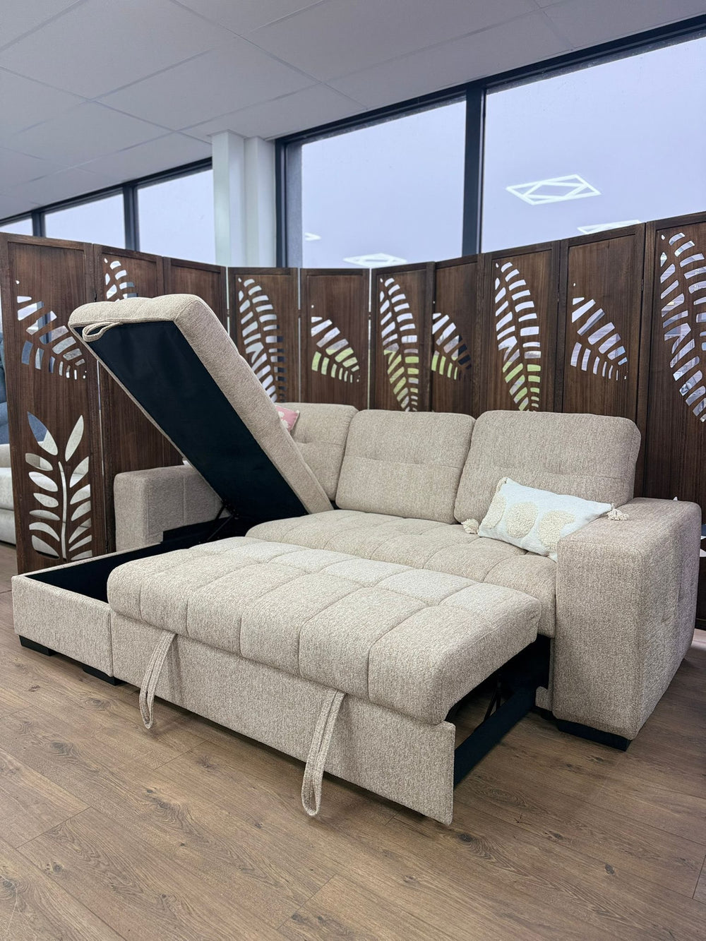 Palermo sofa bed with chaise storage lid raised