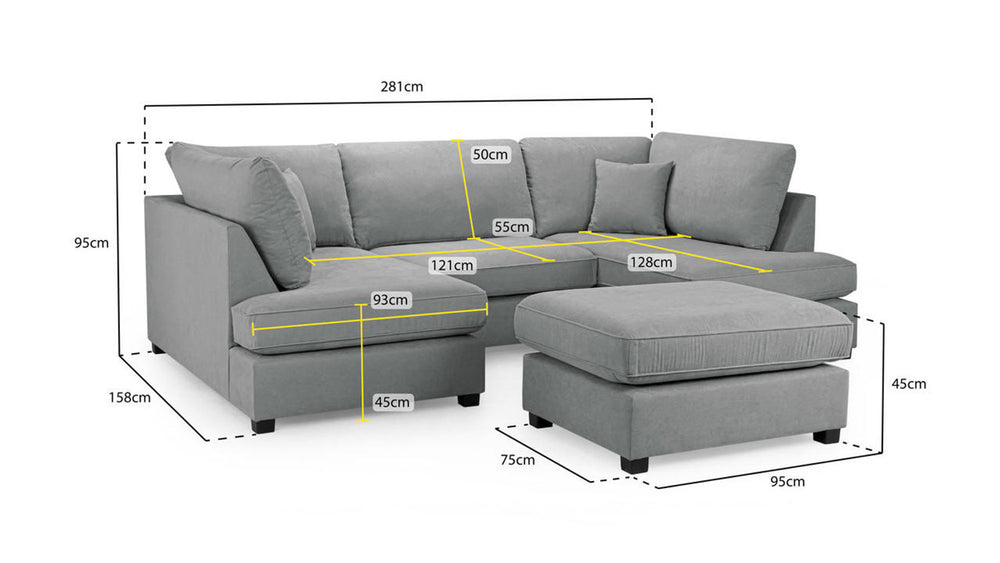 Gray U-shaped sectional sofa and ottoman with labeled dimensions