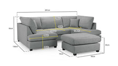 Gray U-shaped sectional sofa and ottoman with labeled dimensions