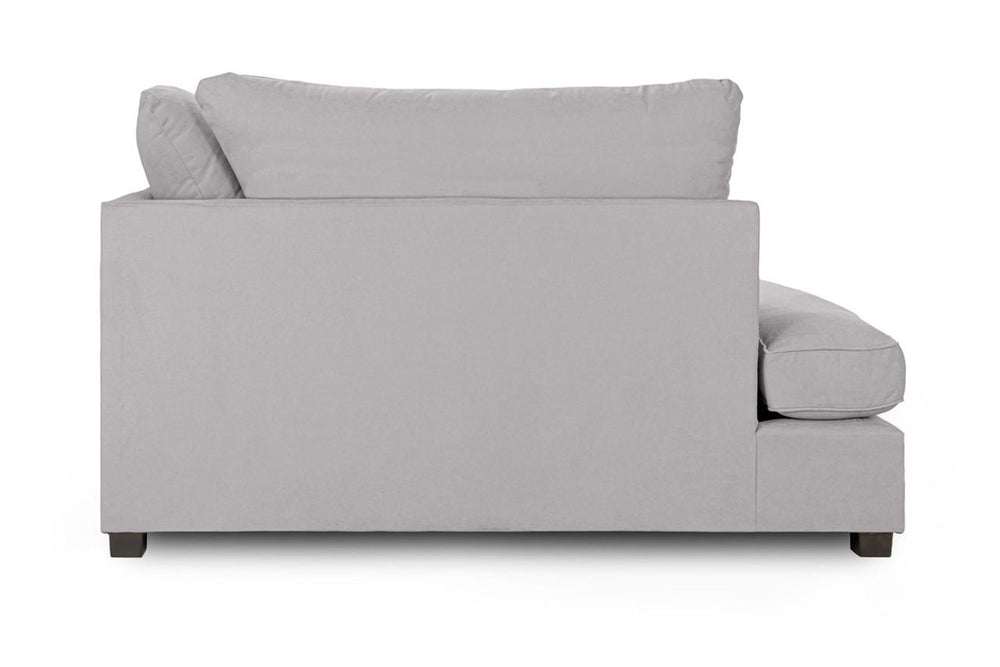 Side view of gray sectional sofa showing its upholstered arm and seat