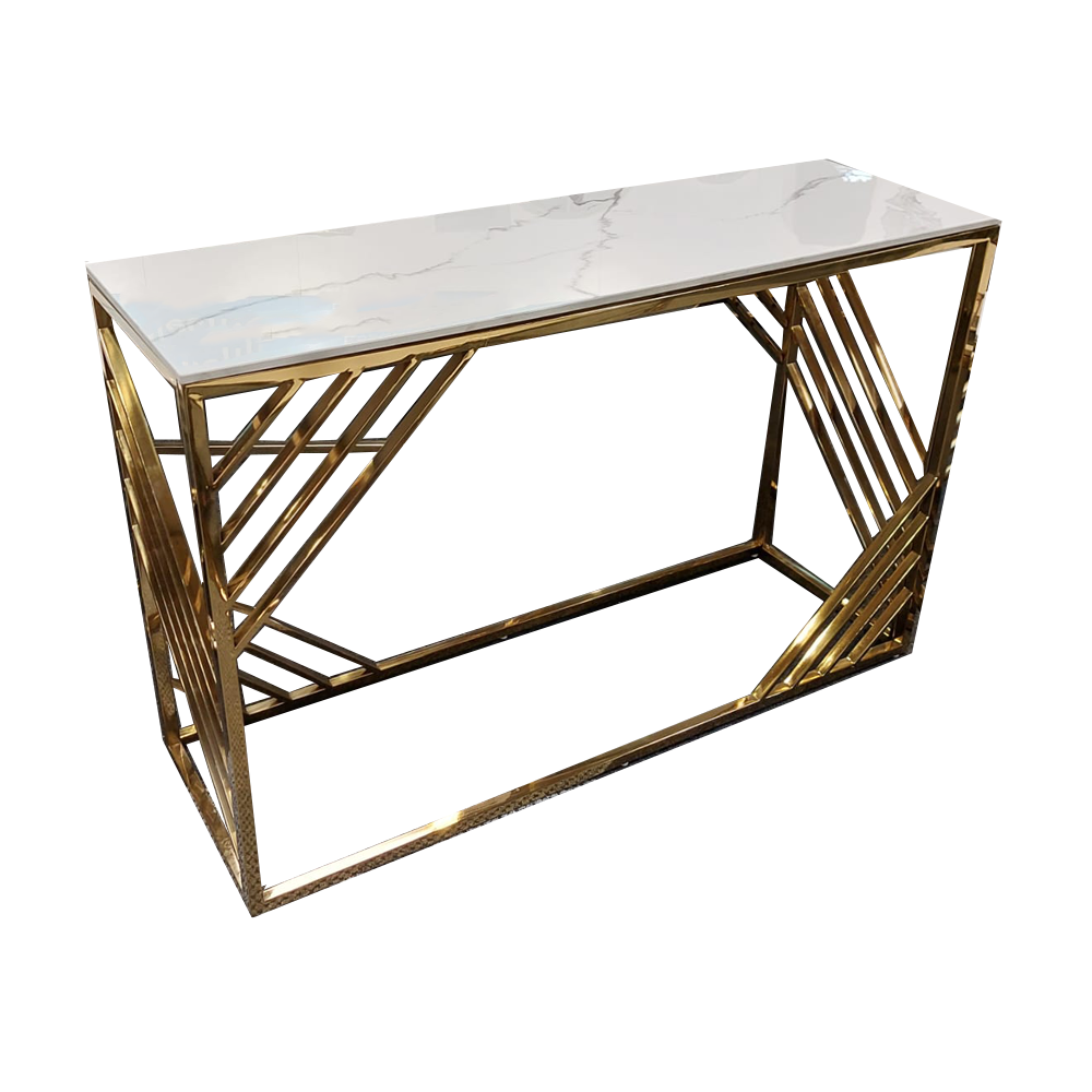 Console table with a white veined top and geometric gold metal frame