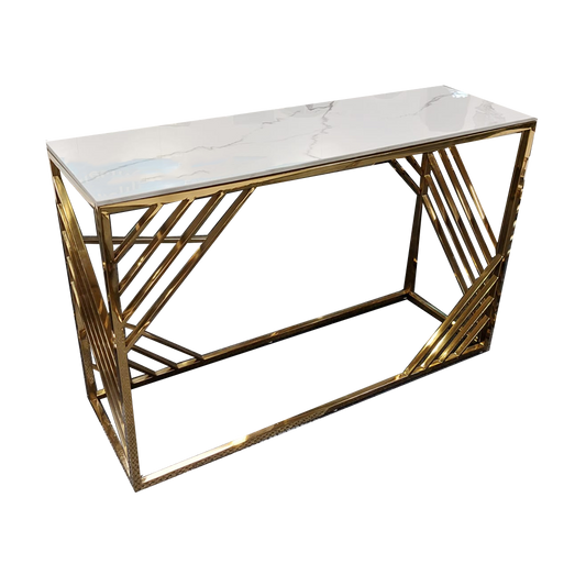 Console table with a white veined top and geometric gold metal frame
