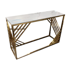 Console table with a white veined top and geometric gold metal frame