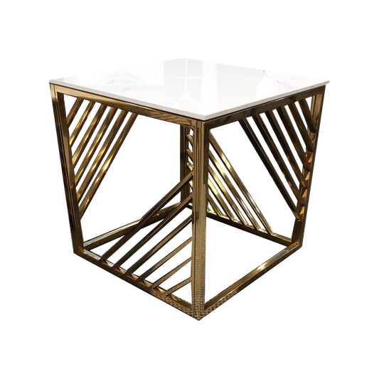 Gold-tone metal lamp table with white top and diagonal slat sides